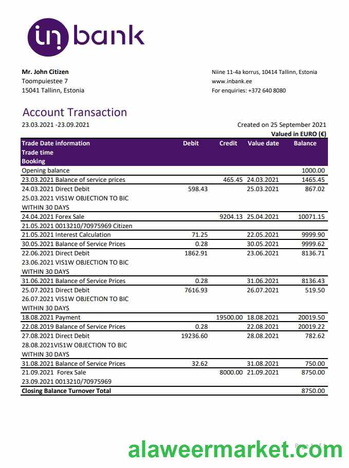Estonia Inbank bank statement easy to fill template in Excel and PDF format